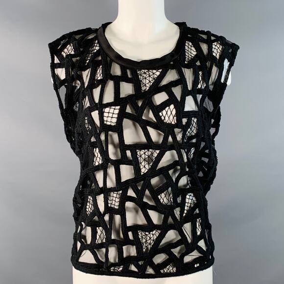 IRO Size 8 Black Mesh Geometric Crew Neck Sleeveless Casual Top - Picture 1 of 7